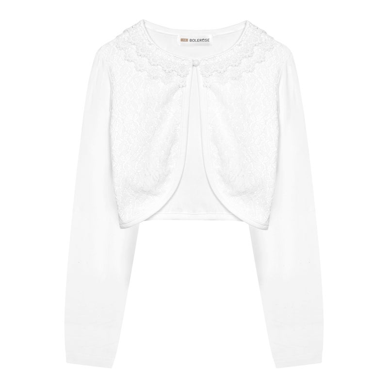 BOLEROSE Girls Long Sleeve Floral Lace Bolero Cardigan Kids Shrug Cover Up (White, 5-6 YRS) - Image 1